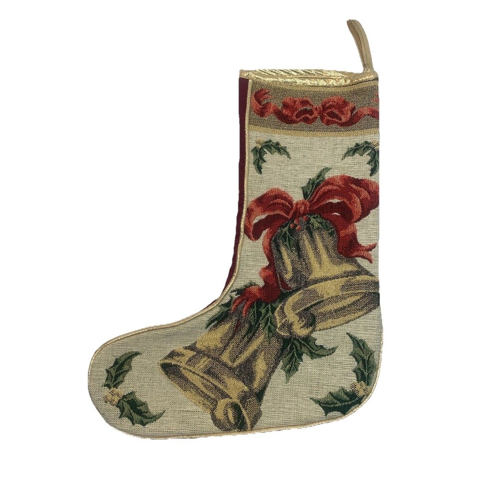 Vintage Needlepoint Christmas Stocking Gold Bells Bows Decorative Holiday Gift